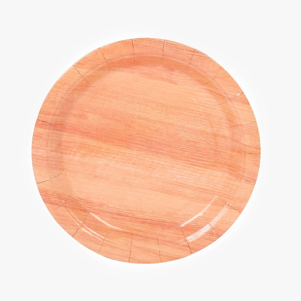 25 - Pack Paper 7" Round Dessert Plates in Natural Wood Grain Print - Disposable Appetizer Salad Plates for Rustic Farmhouse Style Events - Bell Racket Store