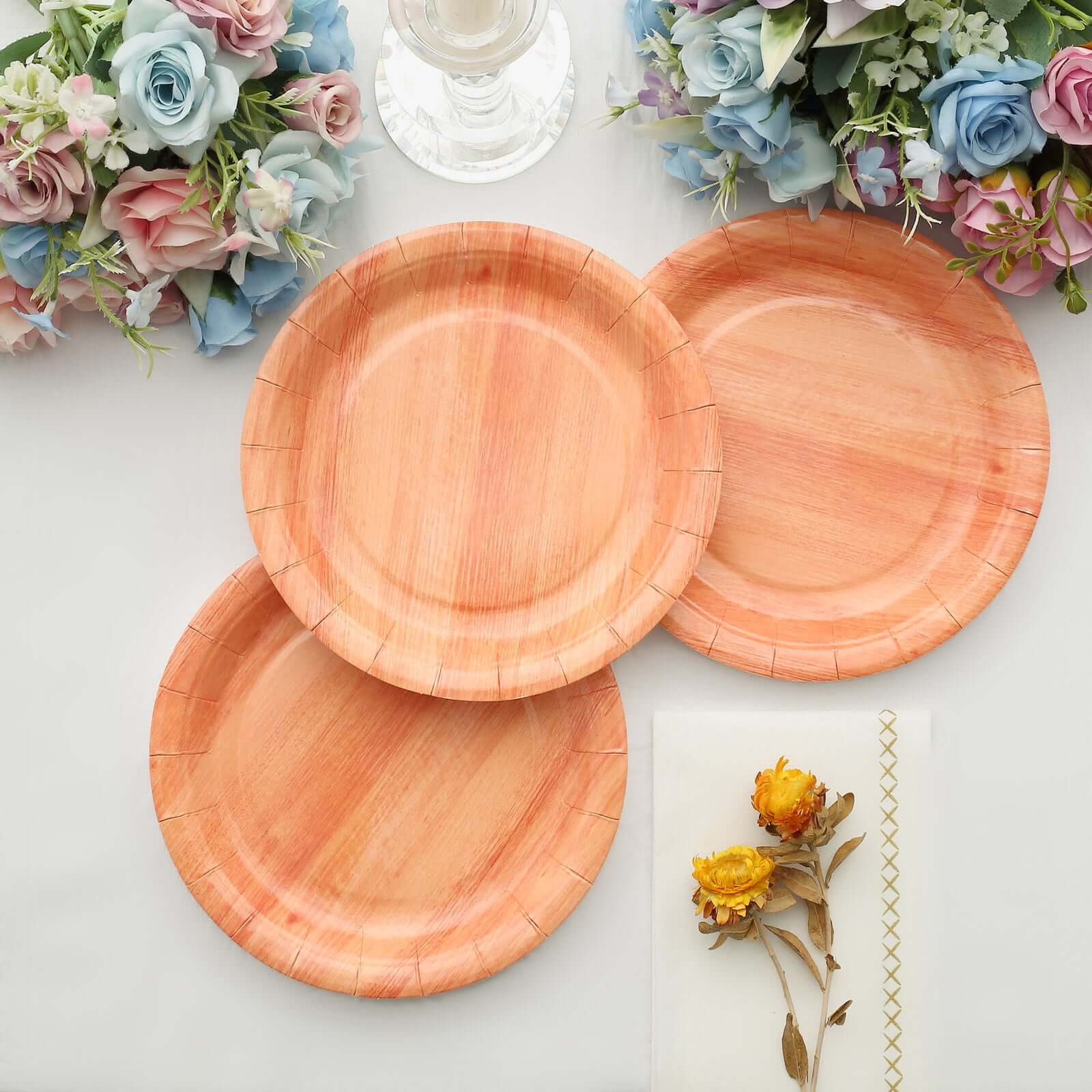 25 - Pack Paper 7" Round Dessert Plates in Natural Wood Grain Print - Disposable Appetizer Salad Plates for Rustic Farmhouse Style Events - Bell Racket Store