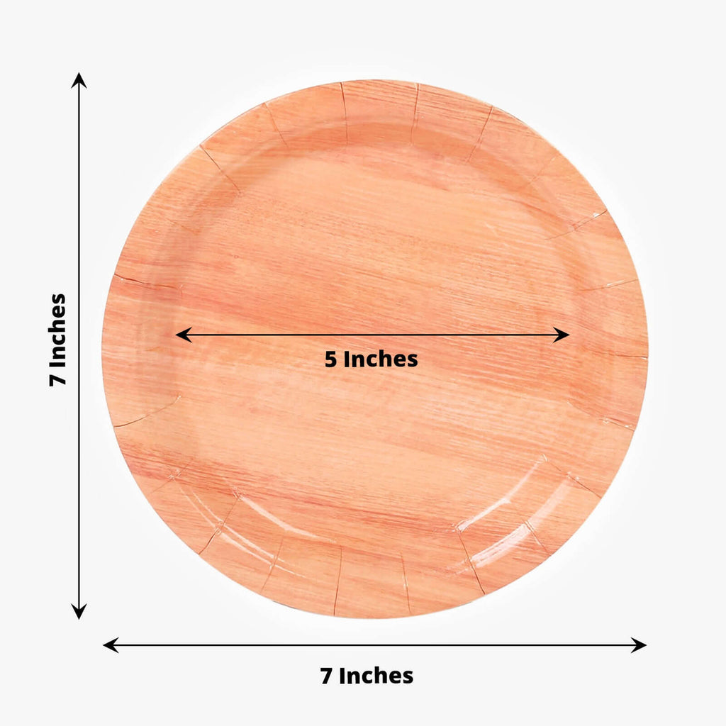 25 - Pack Paper 7" Round Dessert Plates in Natural Wood Grain Print - Disposable Appetizer Salad Plates for Rustic Farmhouse Style Events - Bell Racket Store