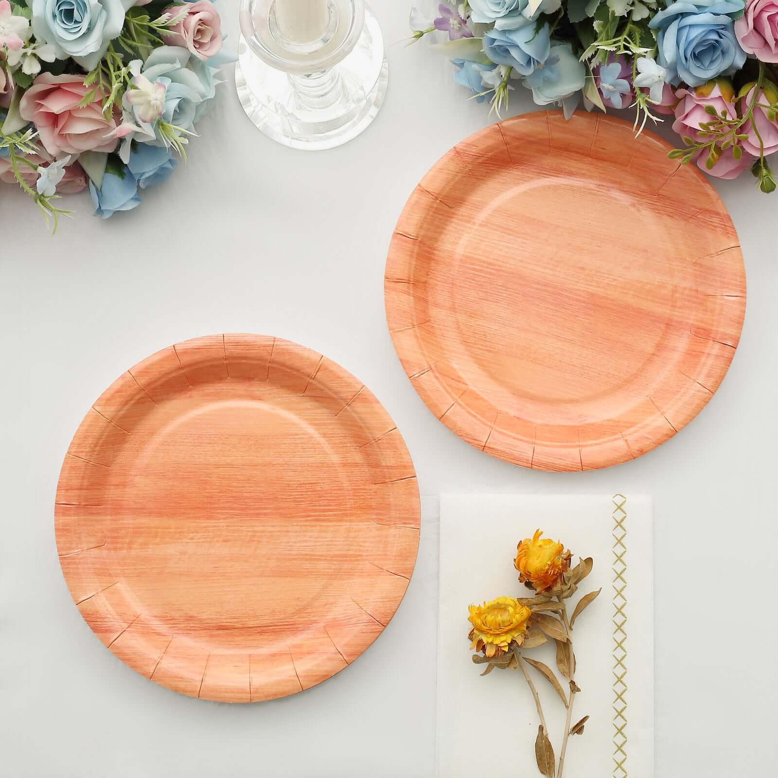 25 - Pack Paper 7" Round Dessert Plates in Natural Wood Grain Print - Disposable Appetizer Salad Plates for Rustic Farmhouse Style Events - Bell Racket Store