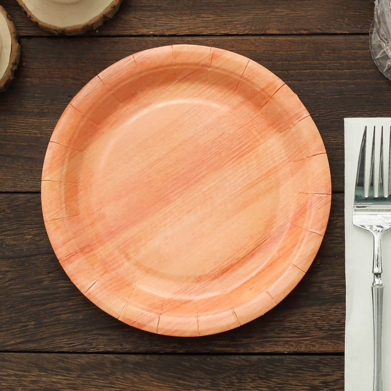 25 - Pack Paper 7" Round Dessert Plates in Natural Wood Grain Print - Disposable Appetizer Salad Plates for Rustic Farmhouse Style Events - Bell Racket Store
