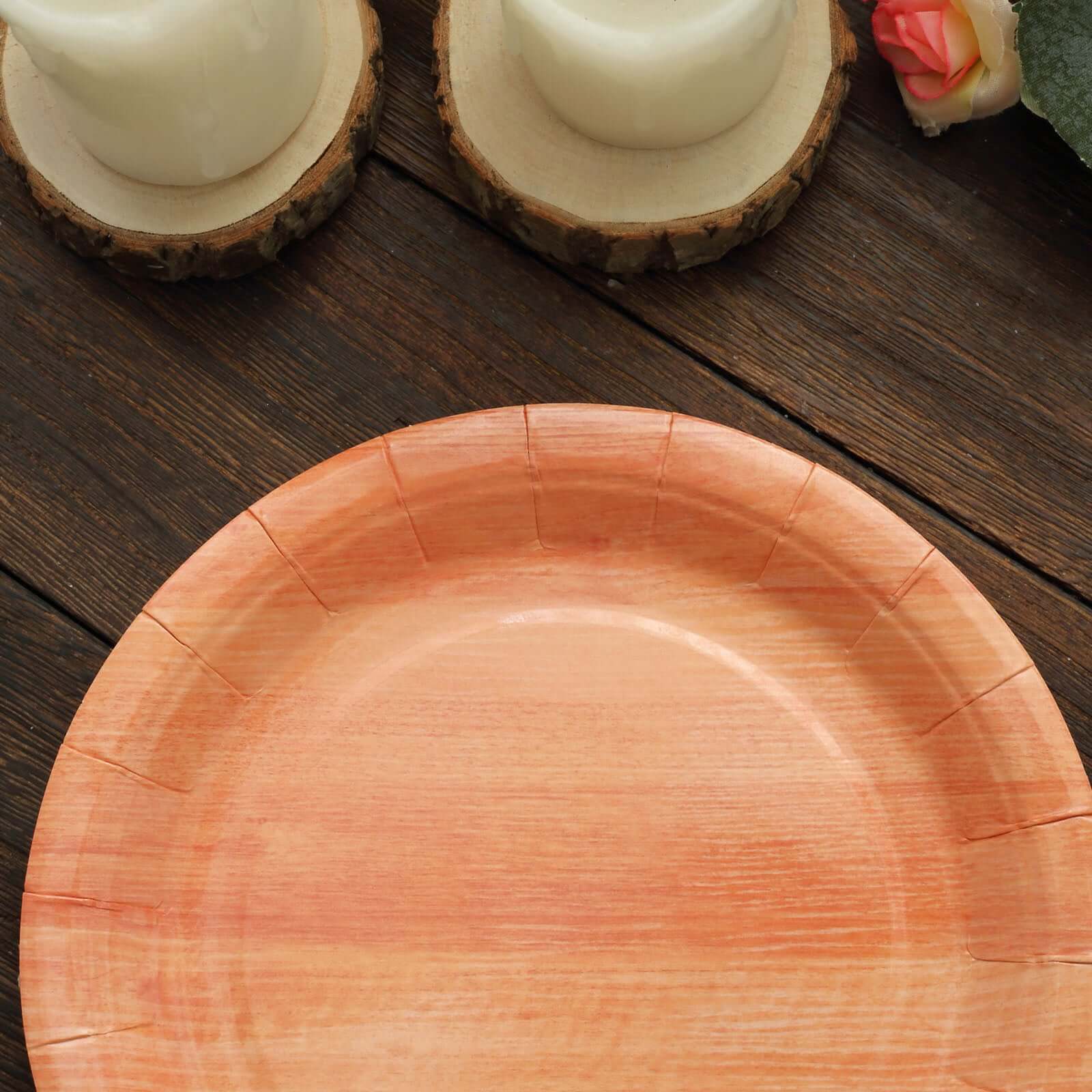 25 - Pack Paper 7" Round Dessert Plates in Natural Wood Grain Print - Disposable Appetizer Salad Plates for Rustic Farmhouse Style Events - Bell Racket Store