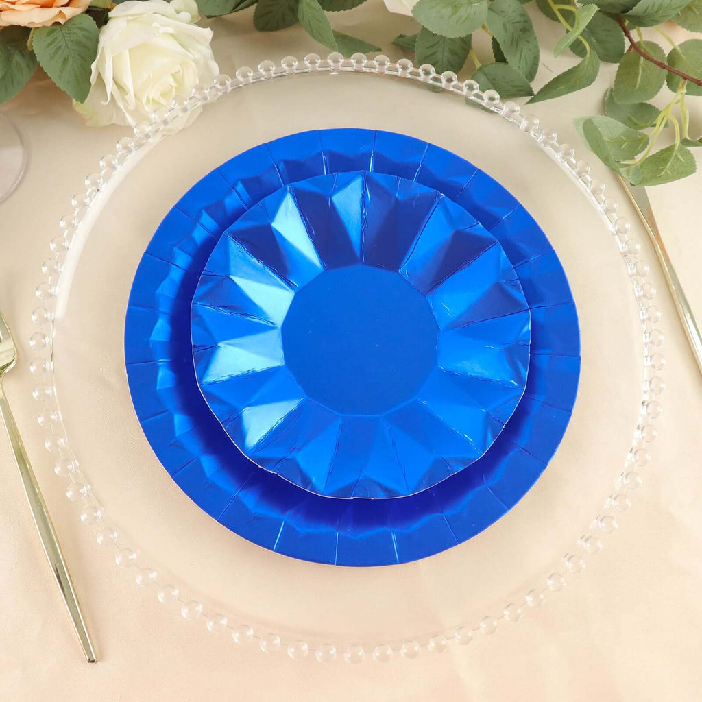 25 - Pack Paper 7" Round Dessert Plates in Royal Blue with Geometric Prism Rim - Disposable 400GSM Appetizer Salad Plates - Bell Racket Store