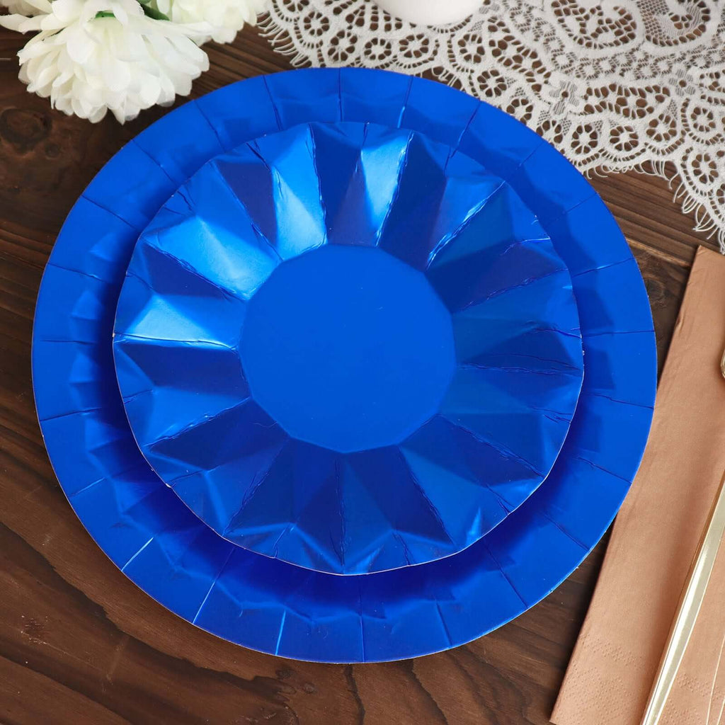 25 - Pack Paper 7" Round Dessert Plates in Royal Blue with Geometric Prism Rim - Disposable 400GSM Appetizer Salad Plates - Bell Racket Store