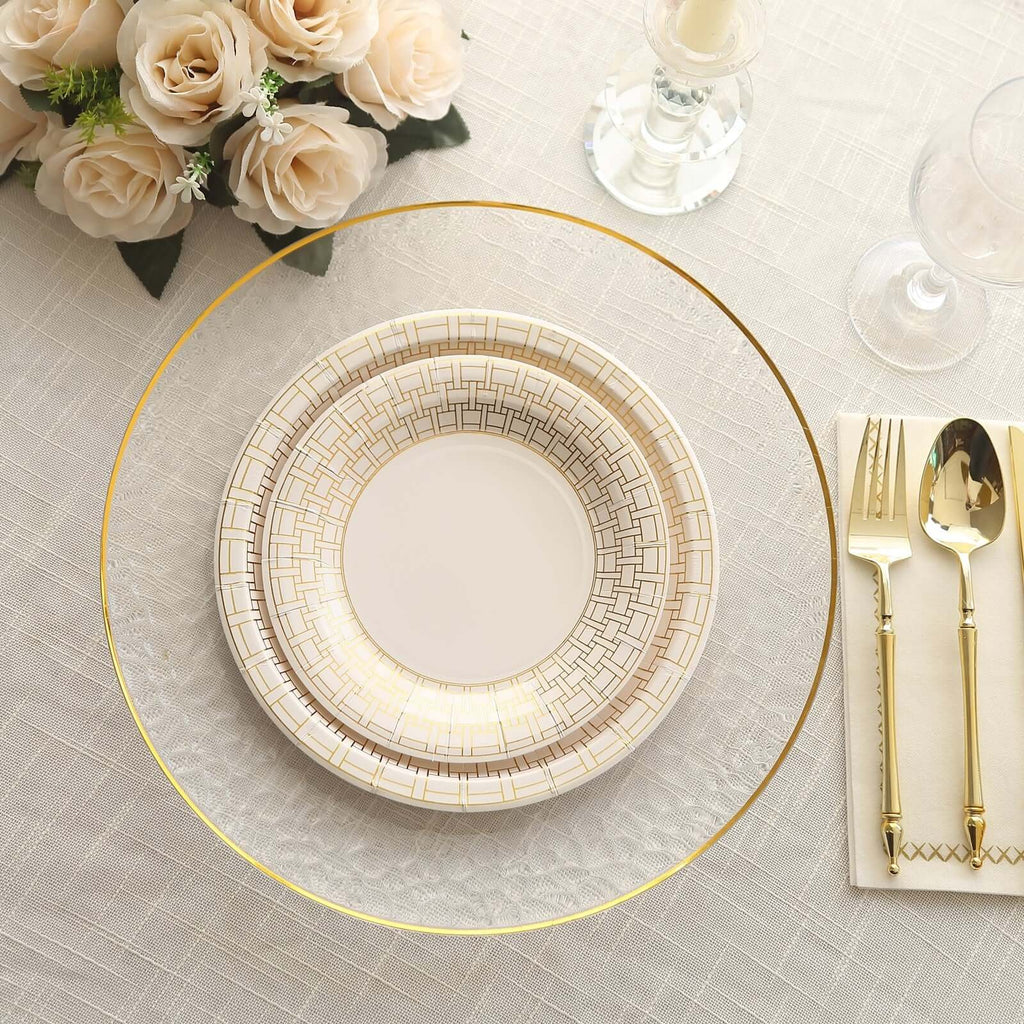 25 - Pack Paper 7" Round Dessert Plates in White with Gold Basketweave Rim - Bell Racket Store