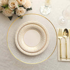 25 - Pack Paper 7" Round Dessert Plates in White with Gold Basketweave Rim - Bell Racket Store