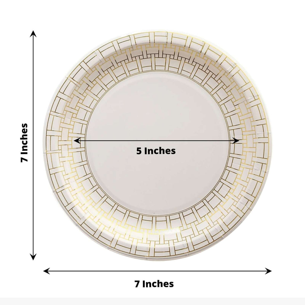 25 - Pack Paper 7" Round Dessert Plates in White with Gold Basketweave Rim - Bell Racket Store