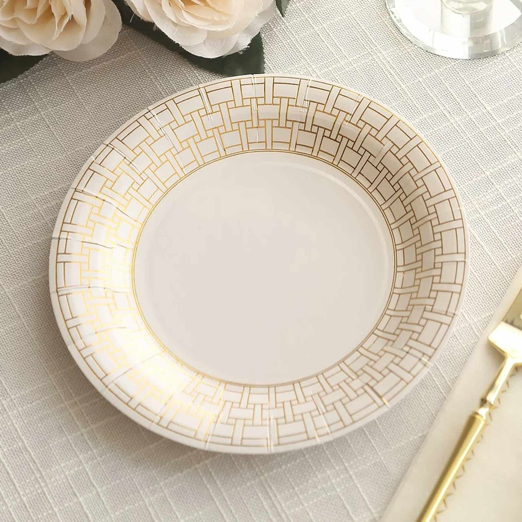 25 - Pack Paper 7" Round Dessert Plates in White with Gold Basketweave Rim - Bell Racket Store