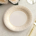 25 - Pack Paper 7" Round Dessert Plates in White with Gold Basketweave Rim - Bell Racket Store