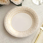 25 - Pack Paper 7" Round Dessert Plates in White with Gold Basketweave Rim - Bell Racket Store