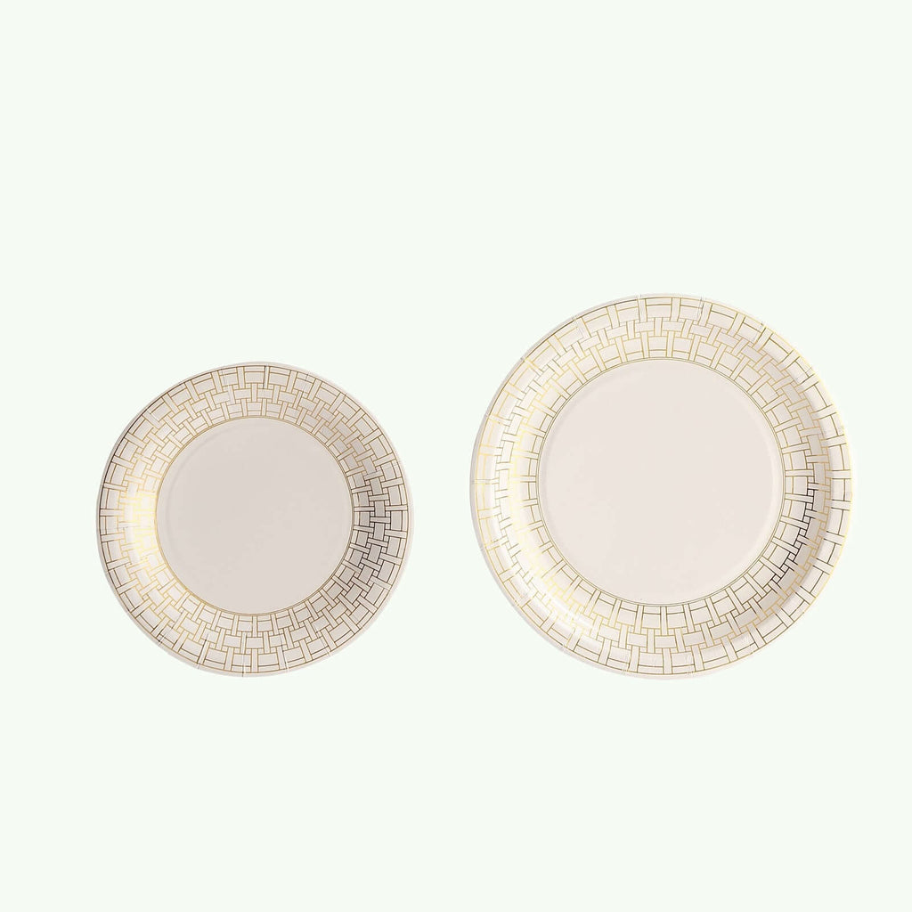 25 - Pack Paper 7" Round Dessert Plates in White with Gold Basketweave Rim - Bell Racket Store