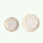 25 - Pack Paper 7" Round Dessert Plates in White with Gold Basketweave Rim - Bell Racket Store