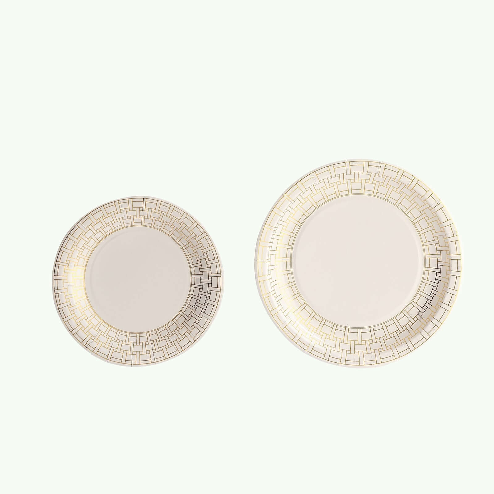 25 - Pack Paper 7" Round Dessert Plates in White with Gold Basketweave Rim - Bell Racket Store