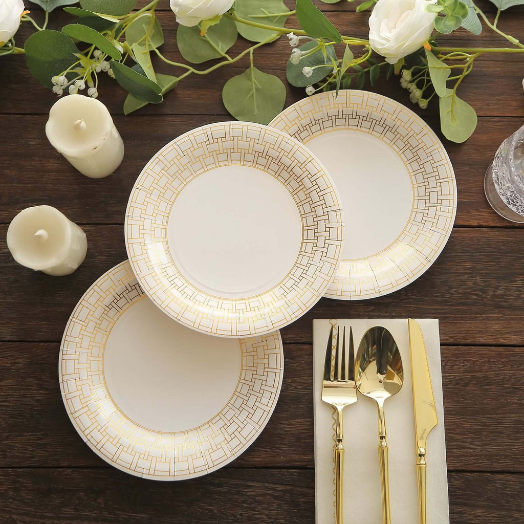 25 - Pack Paper 7" Round Dessert Plates in White with Gold Basketweave Rim - Bell Racket Store