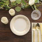 25 - Pack Paper 7" Round Dessert Plates in White with Gold Basketweave Rim - Bell Racket Store