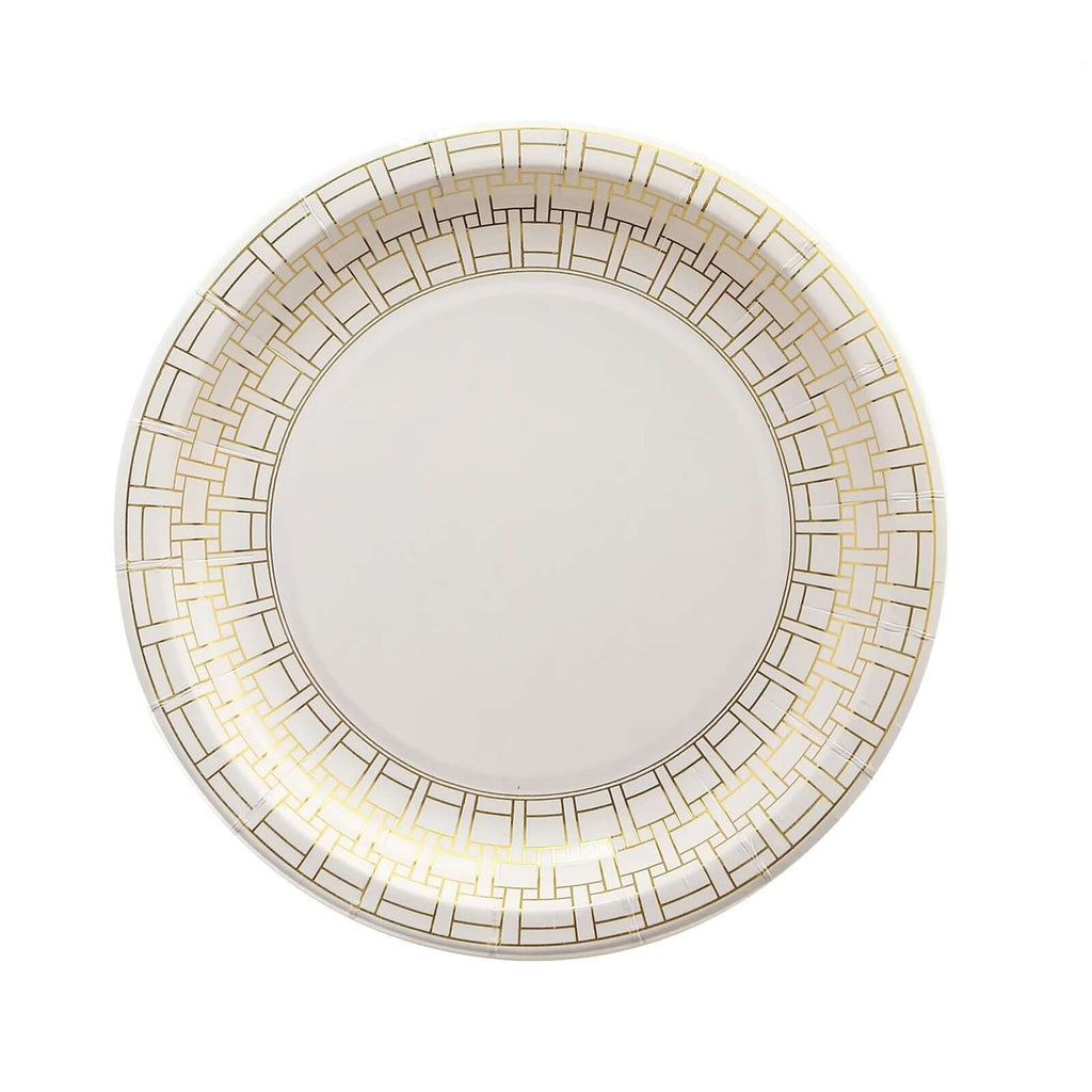 25 - Pack Paper 7" Round Dessert Plates in White with Gold Basketweave Rim - Bell Racket Store