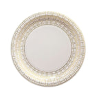 25 - Pack Paper 7" Round Dessert Plates in White with Gold Basketweave Rim - Bell Racket Store