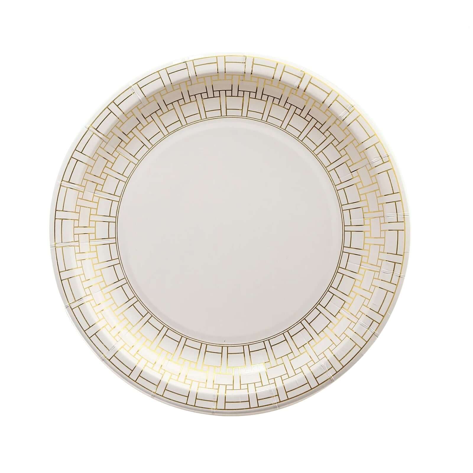 25 - Pack Paper 7" Round Dessert Plates in White with Gold Basketweave Rim - Bell Racket Store