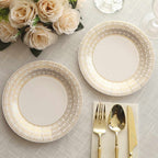 25 - Pack Paper 7" Round Dessert Plates in White with Gold Basketweave Rim - Bell Racket Store