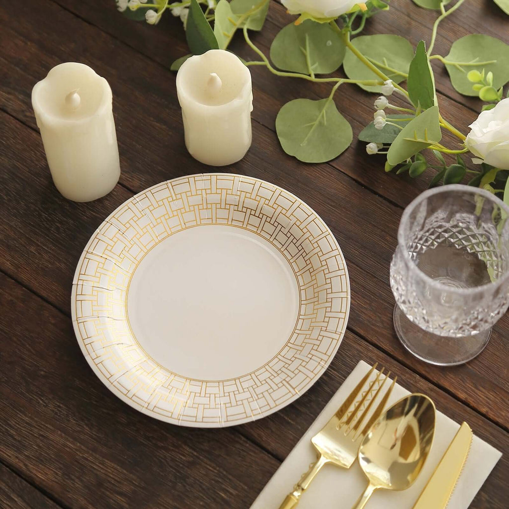 25 - Pack Paper 7" Round Dessert Plates in White with Gold Basketweave Rim - Bell Racket Store