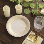 25 - Pack Paper 7" Round Dessert Plates in White with Gold Basketweave Rim - Bell Racket Store