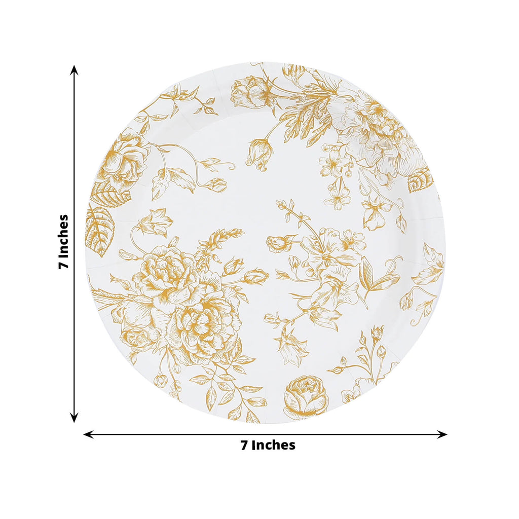 25 - Pack Paper 7" Round Dessert Plates in White with Gold French Toile Pattern - Disposable Floral Salad Appetizer Plates for Chic Event Decor - Bell Racket Store