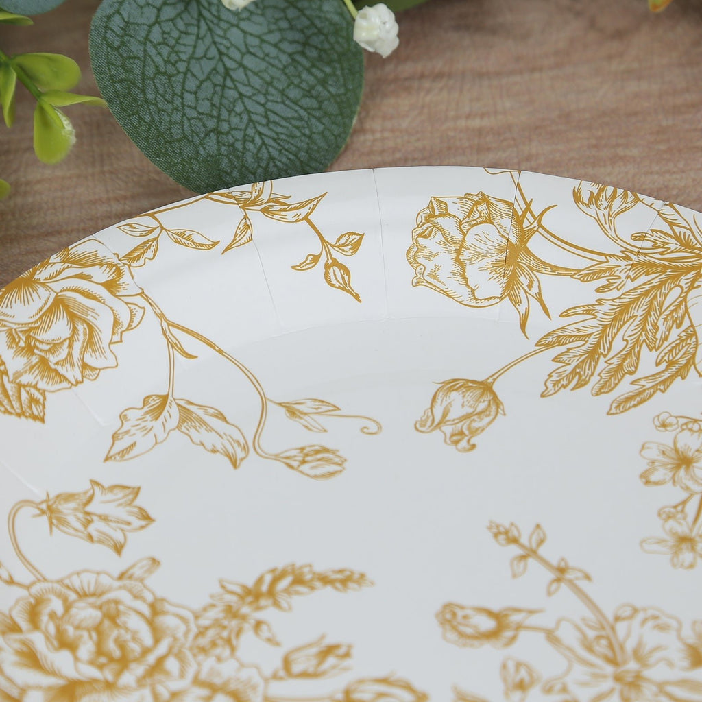25 - Pack Paper 7" Round Dessert Plates in White with Gold French Toile Pattern - Disposable Floral Salad Appetizer Plates for Chic Event Decor - Bell Racket Store