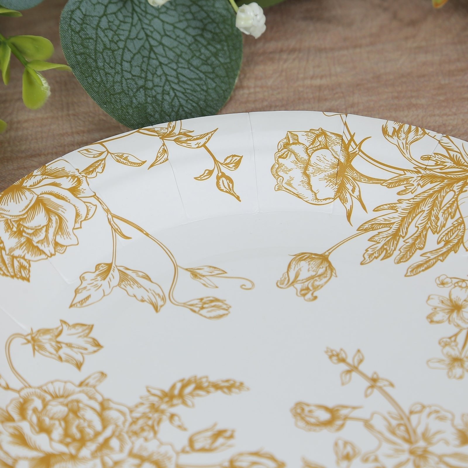 25 - Pack Paper 7" Round Dessert Plates in White with Gold French Toile Pattern - Disposable Floral Salad Appetizer Plates for Chic Event Decor - Bell Racket Store