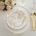 25 - Pack Paper 7" Round Dessert Plates in White with Gold French Toile Pattern - Disposable Floral Salad Appetizer Plates for Chic Event Decor - Bell Racket Store