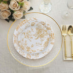 25 - Pack Paper 7" Round Dessert Plates in White with Gold French Toile Pattern - Disposable Floral Salad Appetizer Plates for Chic Event Decor - Bell Racket Store