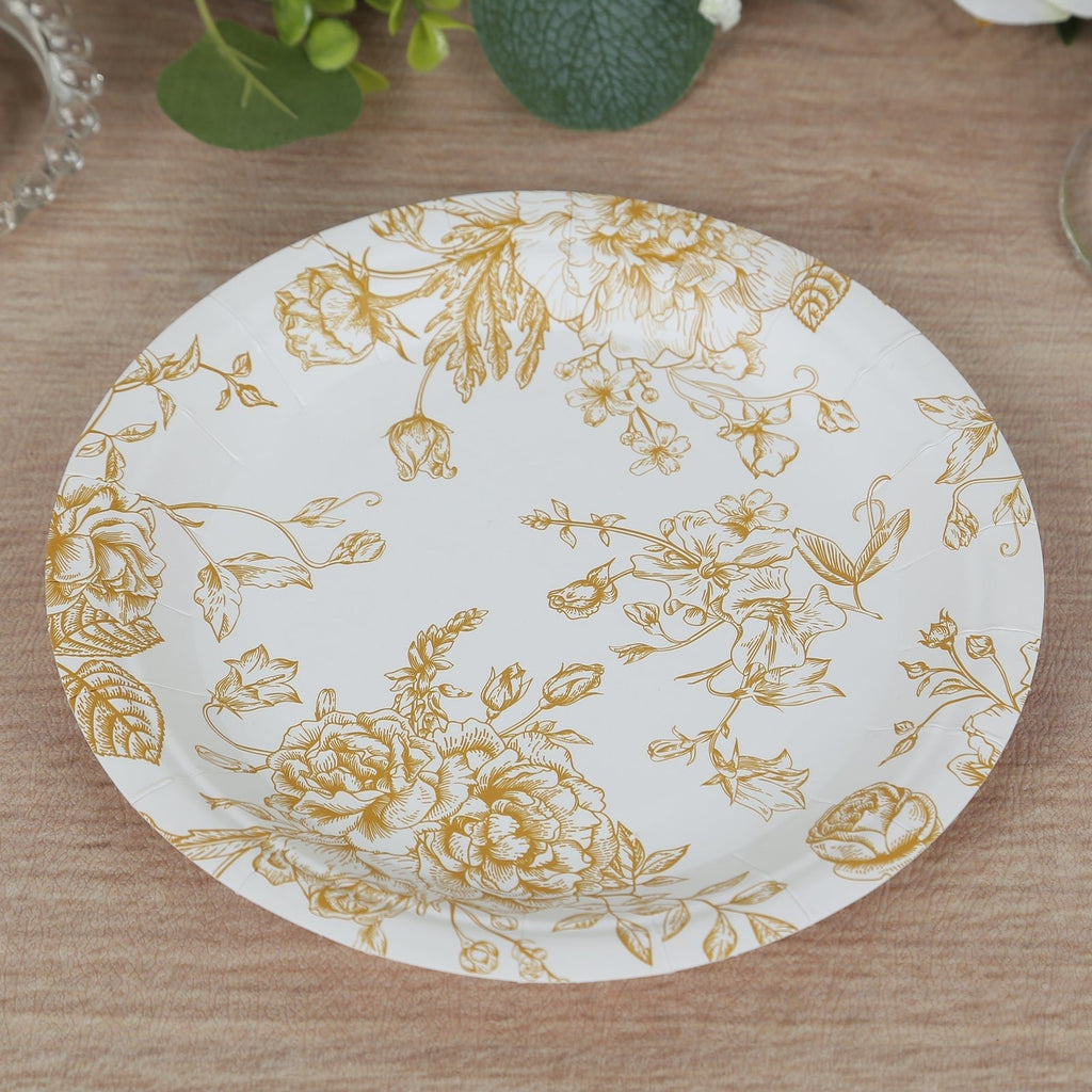 25 - Pack Paper 7" Round Dessert Plates in White with Gold French Toile Pattern - Disposable Floral Salad Appetizer Plates for Chic Event Decor - Bell Racket Store