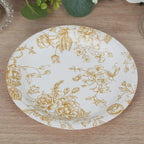 25 - Pack Paper 7" Round Dessert Plates in White with Gold French Toile Pattern - Disposable Floral Salad Appetizer Plates for Chic Event Decor - Bell Racket Store