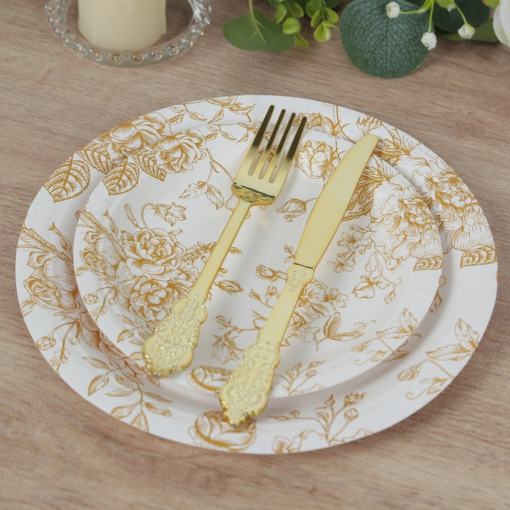 25 - Pack Paper 7" Round Dessert Plates in White with Gold French Toile Pattern - Disposable Floral Salad Appetizer Plates for Chic Event Decor - Bell Racket Store