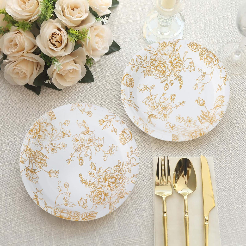 25 - Pack Paper 7" Round Dessert Plates in White with Gold French Toile Pattern - Disposable Floral Salad Appetizer Plates for Chic Event Decor - Bell Racket Store