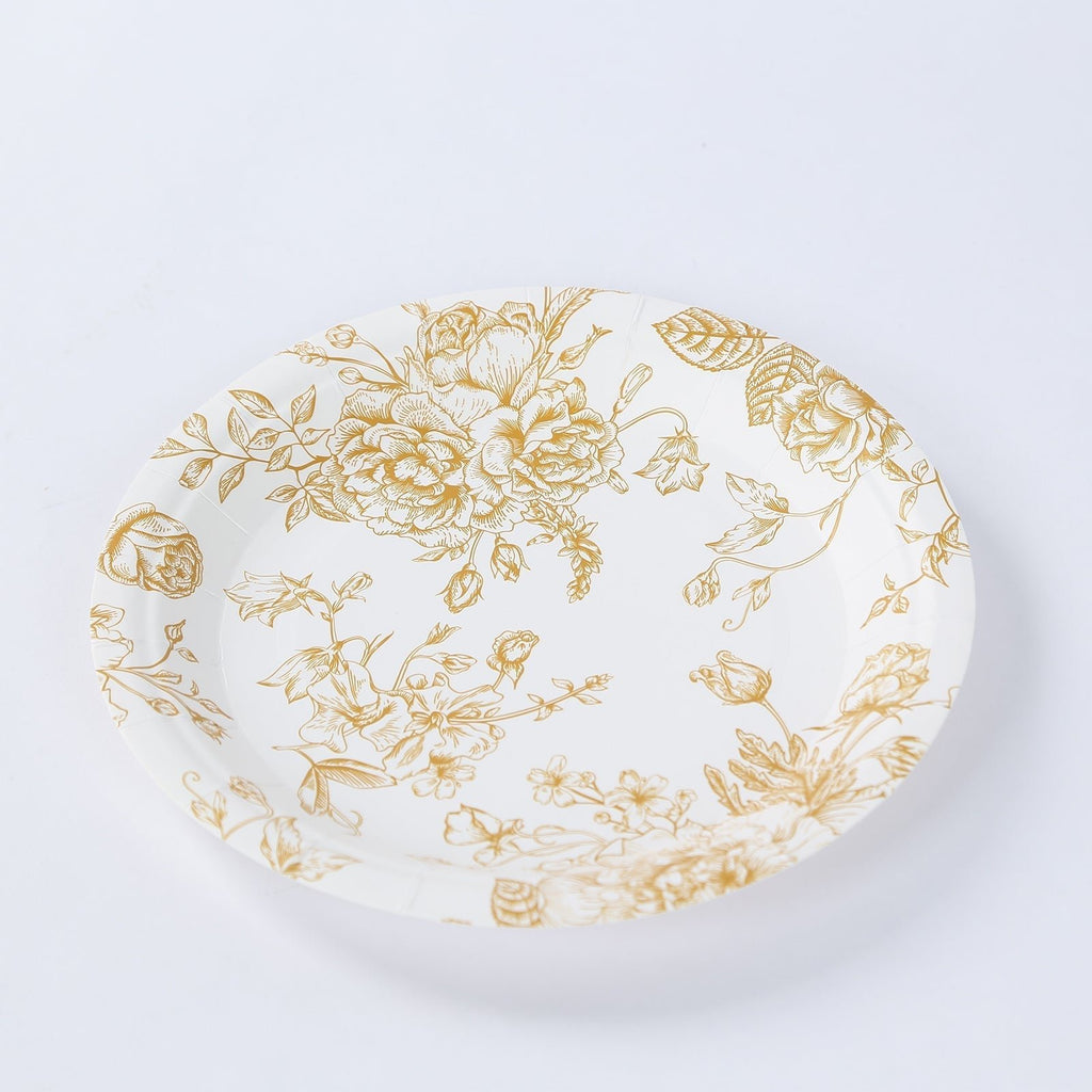 25 - Pack Paper 7" Round Dessert Plates in White with Gold French Toile Pattern - Disposable Floral Salad Appetizer Plates for Chic Event Decor - Bell Racket Store