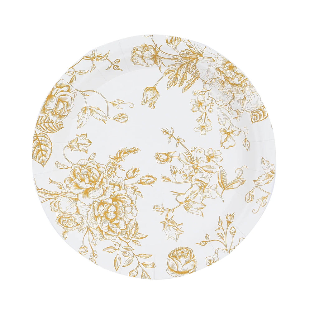 25 - Pack Paper 7" Round Dessert Plates in White with Gold French Toile Pattern - Disposable Floral Salad Appetizer Plates for Chic Event Decor - Bell Racket Store