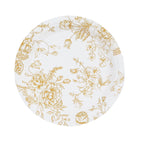 25 - Pack Paper 7" Round Dessert Plates in White with Gold French Toile Pattern - Disposable Floral Salad Appetizer Plates for Chic Event Decor - Bell Racket Store