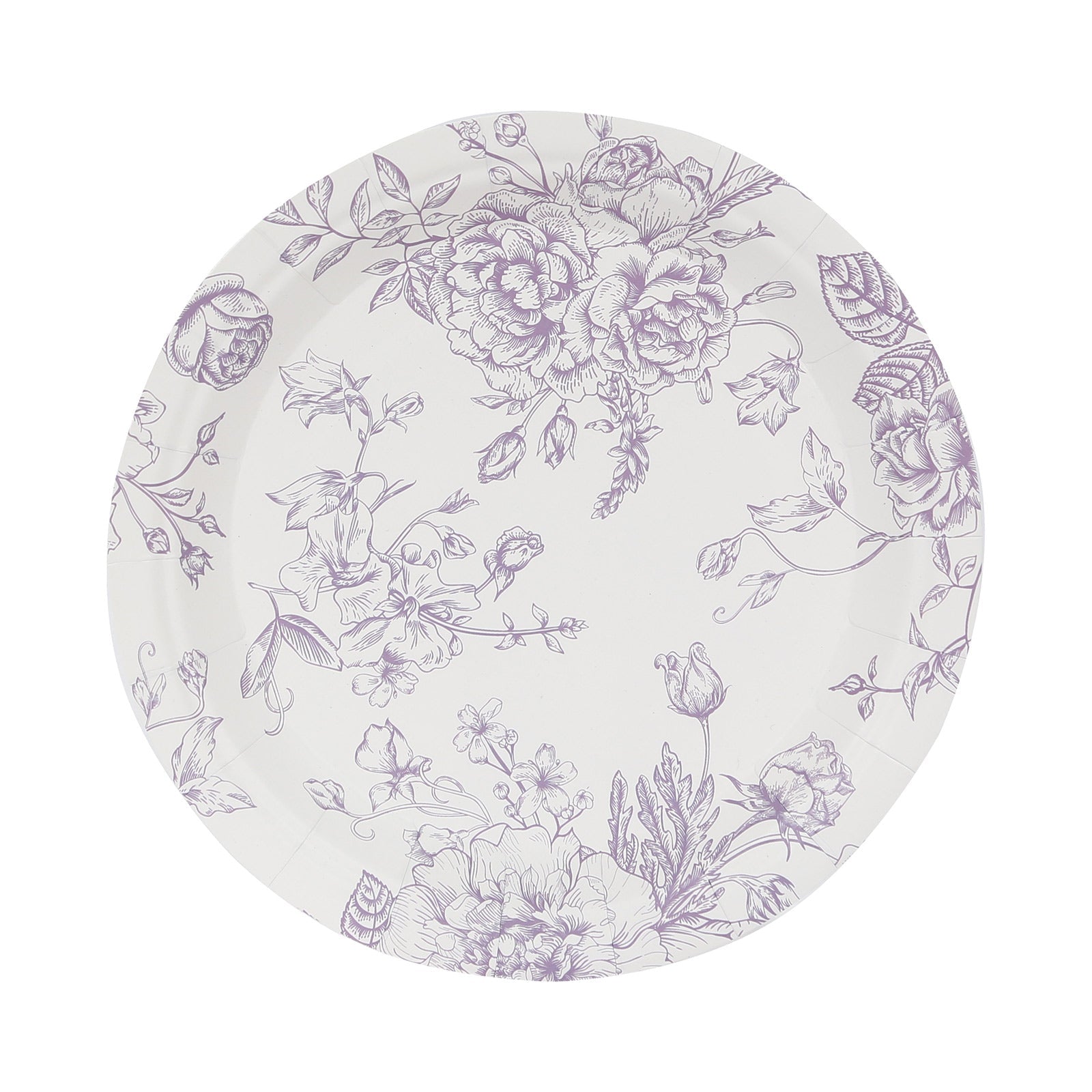 25 - Pack Paper 7" Round Dessert Plates in White with Matte Lavender French Toile Pattern - Disposable Floral Salad Appetizer Plates - Bell Racket Store