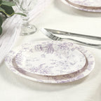 25 - Pack Paper 7" Round Dessert Plates in White with Matte Lavender French Toile Pattern - Disposable Floral Salad Appetizer Plates - Bell Racket Store