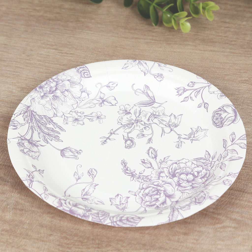 25 - Pack Paper 7" Round Dessert Plates in White with Matte Lavender French Toile Pattern - Disposable Floral Salad Appetizer Plates - Bell Racket Store