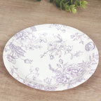 25 - Pack Paper 7" Round Dessert Plates in White with Matte Lavender French Toile Pattern - Disposable Floral Salad Appetizer Plates - Bell Racket Store