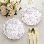 25 - Pack Paper 7" Round Dessert Plates in White with Matte Lavender French Toile Pattern - Disposable Floral Salad Appetizer Plates - Bell Racket Store