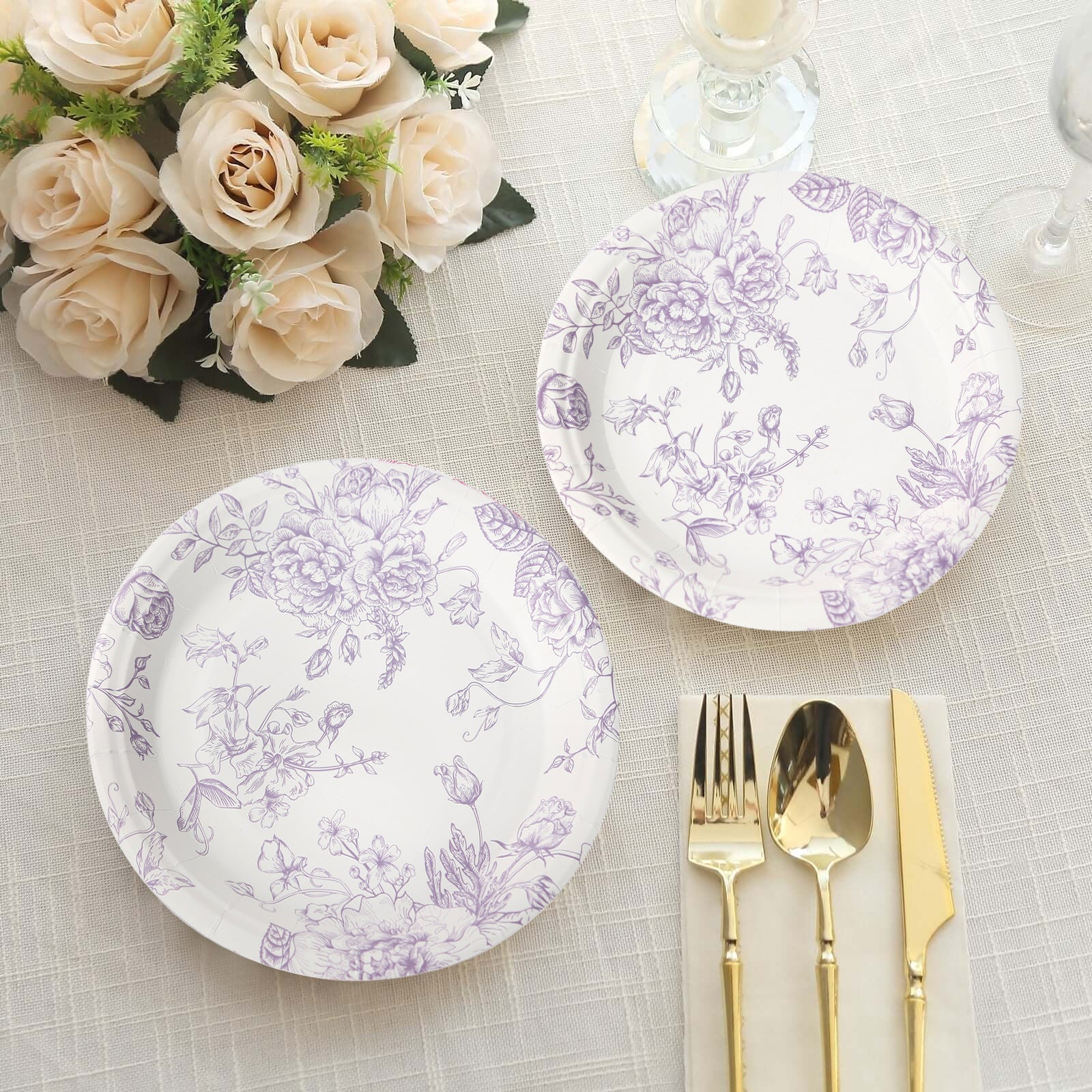 25 - Pack Paper 7" Round Dessert Plates in White with Matte Lavender French Toile Pattern - Disposable Floral Salad Appetizer Plates - Bell Racket Store