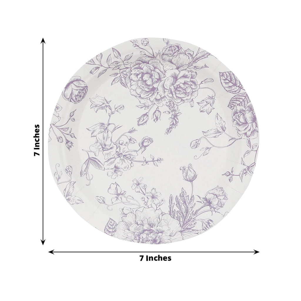 25 - Pack Paper 7" Round Dessert Plates in White with Matte Lavender French Toile Pattern - Disposable Floral Salad Appetizer Plates - Bell Racket Store