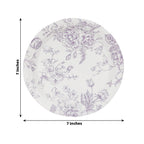 25 - Pack Paper 7" Round Dessert Plates in White with Matte Lavender French Toile Pattern - Disposable Floral Salad Appetizer Plates - Bell Racket Store
