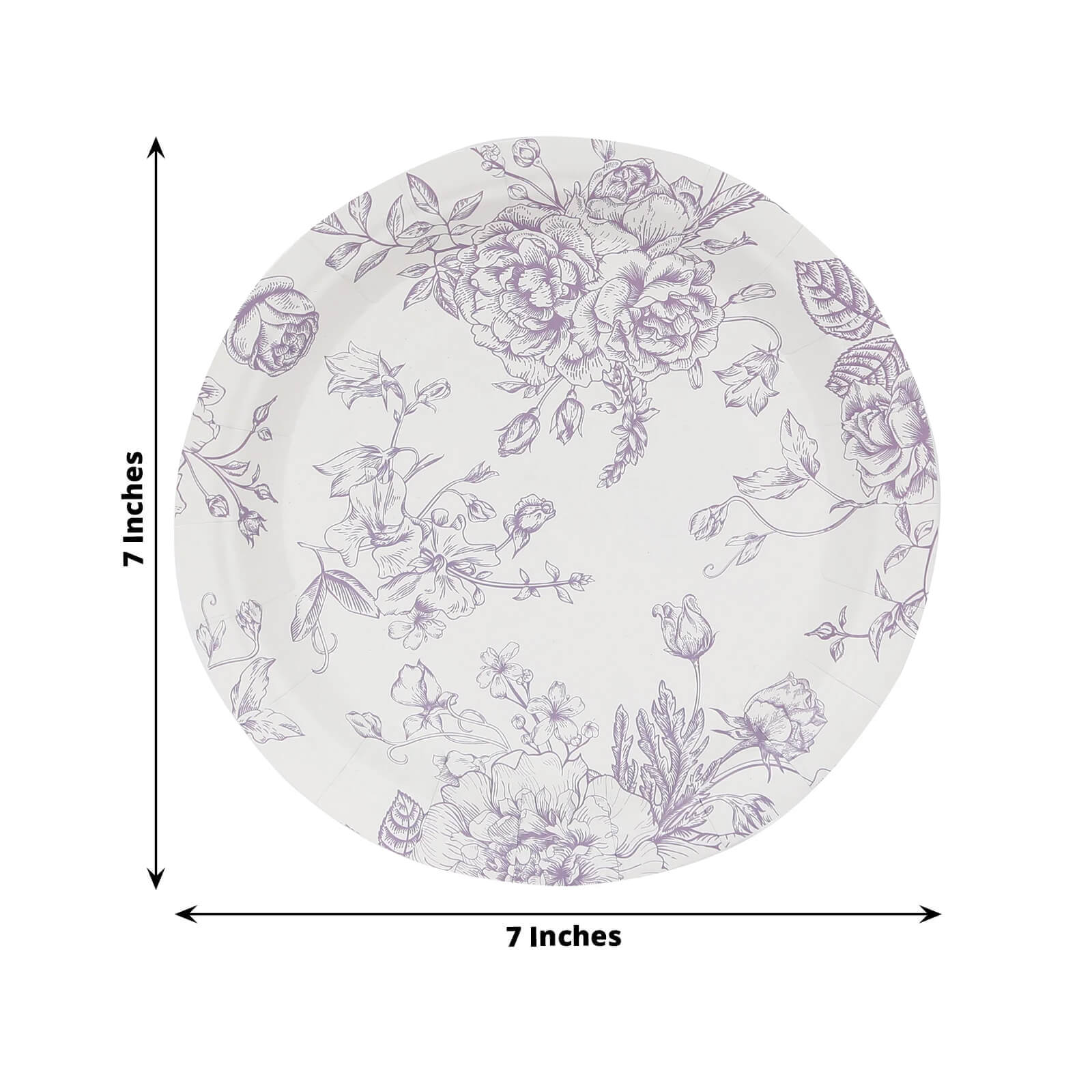 25 - Pack Paper 7" Round Dessert Plates in White with Matte Lavender French Toile Pattern - Disposable Floral Salad Appetizer Plates - Bell Racket Store