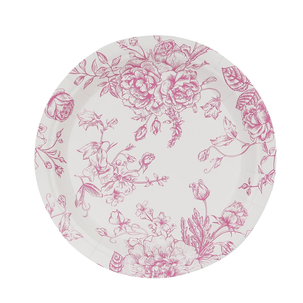25 - Pack Paper 7" Round Dessert Plates in White with Matte Pink French Toile Pattern - Disposable Floral Salad Appetizer Plates - Bell Racket Store