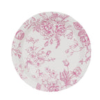 25 - Pack Paper 7" Round Dessert Plates in White with Matte Pink French Toile Pattern - Disposable Floral Salad Appetizer Plates - Bell Racket Store