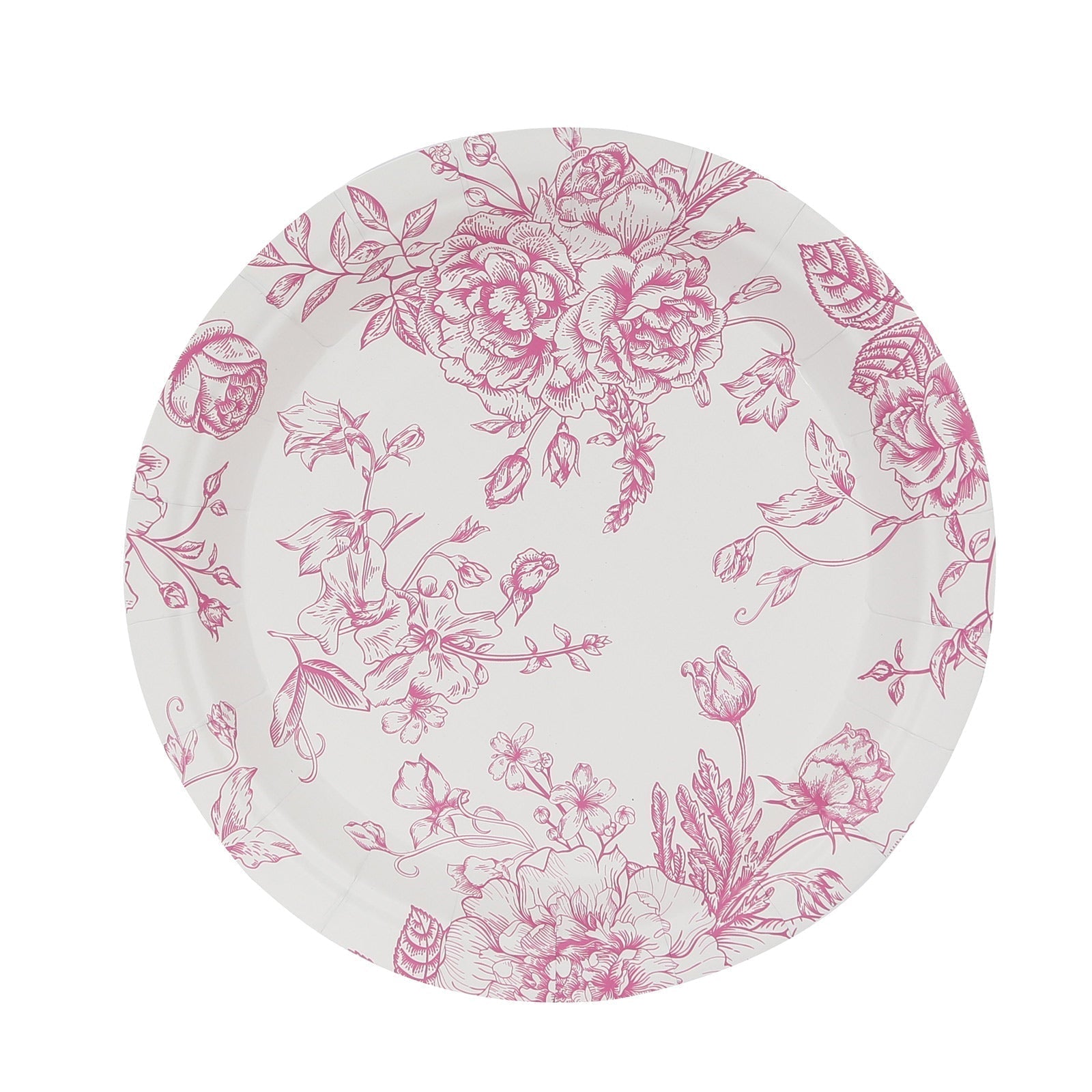 25 - Pack Paper 7" Round Dessert Plates in White with Matte Pink French Toile Pattern - Disposable Floral Salad Appetizer Plates - Bell Racket Store