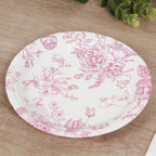 25 - Pack Paper 7" Round Dessert Plates in White with Matte Pink French Toile Pattern - Disposable Floral Salad Appetizer Plates - Bell Racket Store